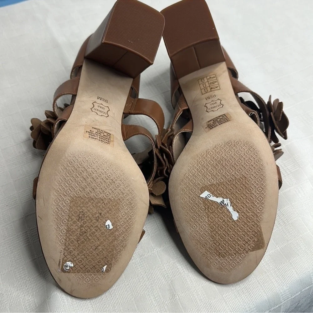 NWOB Tory Burch Women's Brown 65 mm Nappa Leather Blossom Heel Block Sandal 9.5